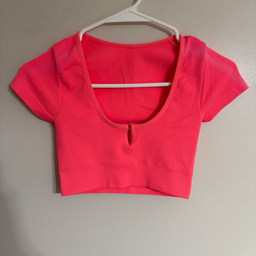Aerie Real Good Ribbed Crop Top Neon Pink Short Sleeve Keyhole XS